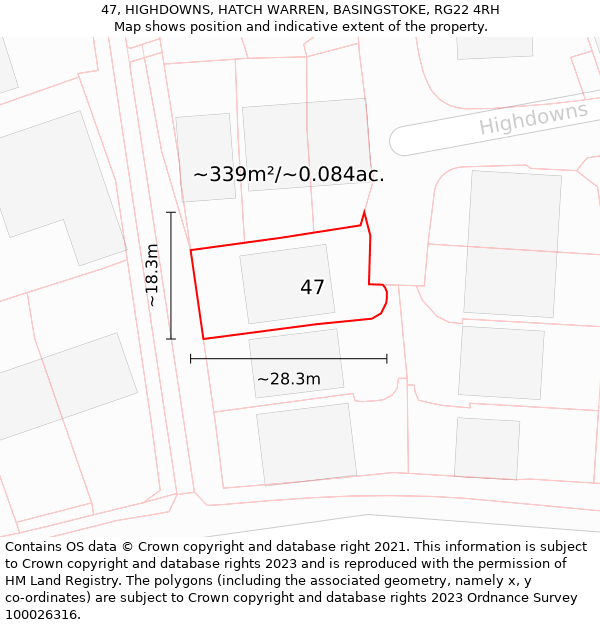 47, HIGHDOWNS, HATCH WARREN, BASINGSTOKE, RG22 4RH: Plot and title map