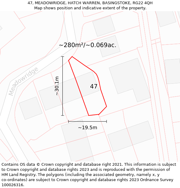 47, MEADOWRIDGE, HATCH WARREN, BASINGSTOKE, RG22 4QH: Plot and title map