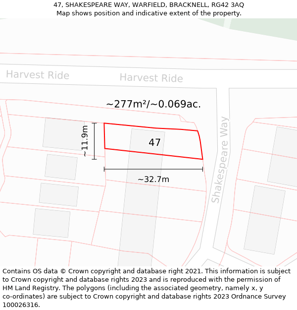 47, SHAKESPEARE WAY, WARFIELD, BRACKNELL, RG42 3AQ: Plot and title map