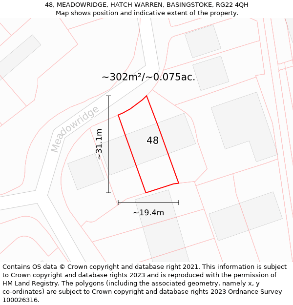 48, MEADOWRIDGE, HATCH WARREN, BASINGSTOKE, RG22 4QH: Plot and title map