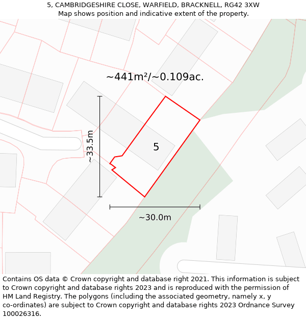 5, CAMBRIDGESHIRE CLOSE, WARFIELD, BRACKNELL, RG42 3XW: Plot and title map