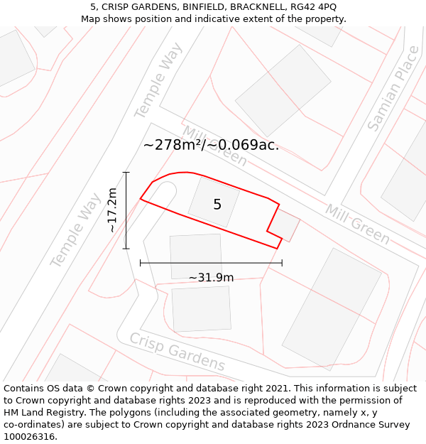 5, CRISP GARDENS, BINFIELD, BRACKNELL, RG42 4PQ: Plot and title map