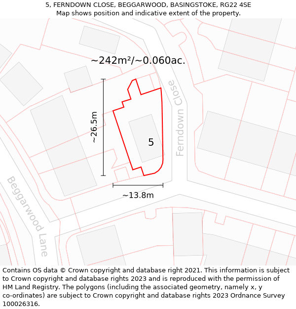 5, FERNDOWN CLOSE, BEGGARWOOD, BASINGSTOKE, RG22 4SE: Plot and title map