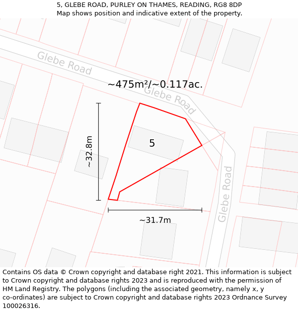 5, GLEBE ROAD, PURLEY ON THAMES, READING, RG8 8DP: Plot and title map