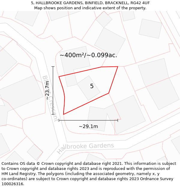 5, HALLBROOKE GARDENS, BINFIELD, BRACKNELL, RG42 4UF: Plot and title map