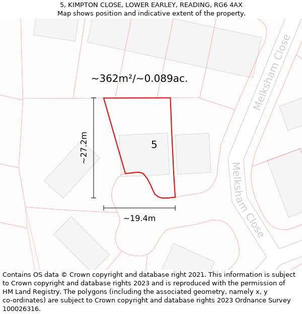 5, KIMPTON CLOSE, LOWER EARLEY, READING, RG6 4AX: Plot and title map