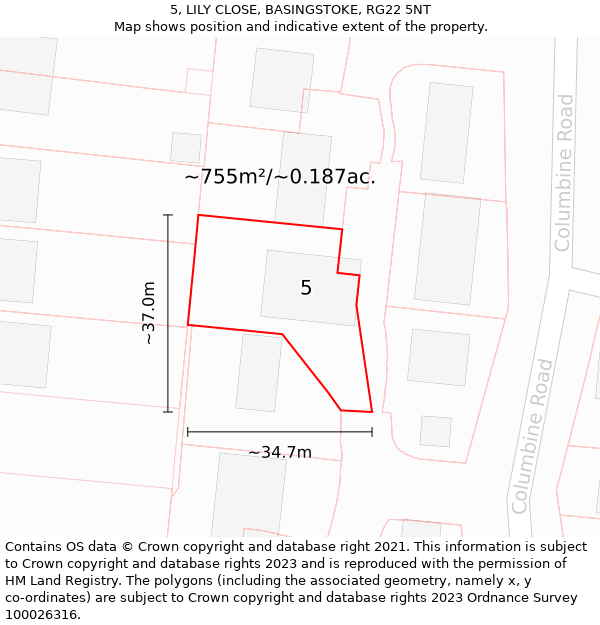 5, LILY CLOSE, BASINGSTOKE, RG22 5NT: Plot and title map