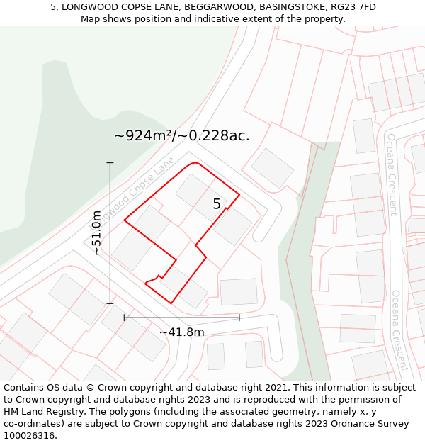 5, LONGWOOD COPSE LANE, BEGGARWOOD, BASINGSTOKE, RG23 7FD: Plot and title map