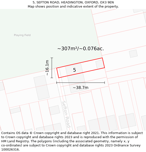 5, SEFTON ROAD, HEADINGTON, OXFORD, OX3 9EN: Plot and title map