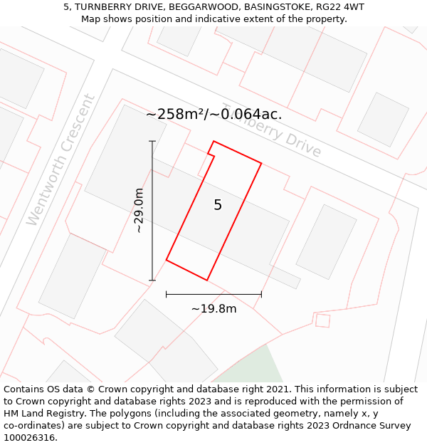 5, TURNBERRY DRIVE, BEGGARWOOD, BASINGSTOKE, RG22 4WT: Plot and title map