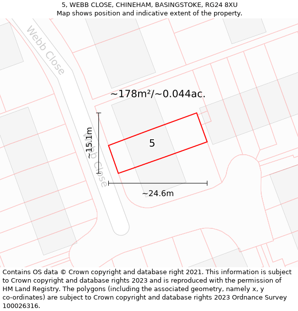 5, WEBB CLOSE, CHINEHAM, BASINGSTOKE, RG24 8XU: Plot and title map