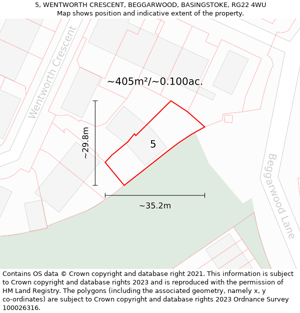 5, WENTWORTH CRESCENT, BEGGARWOOD, BASINGSTOKE, RG22 4WU: Plot and title map