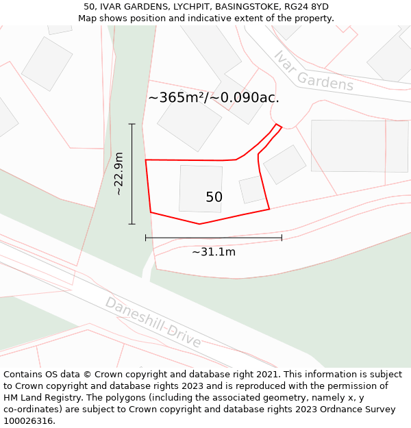 50, IVAR GARDENS, LYCHPIT, BASINGSTOKE, RG24 8YD: Plot and title map