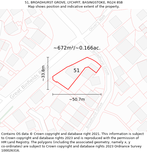 51, BROADHURST GROVE, LYCHPIT, BASINGSTOKE, RG24 8SB: Plot and title map