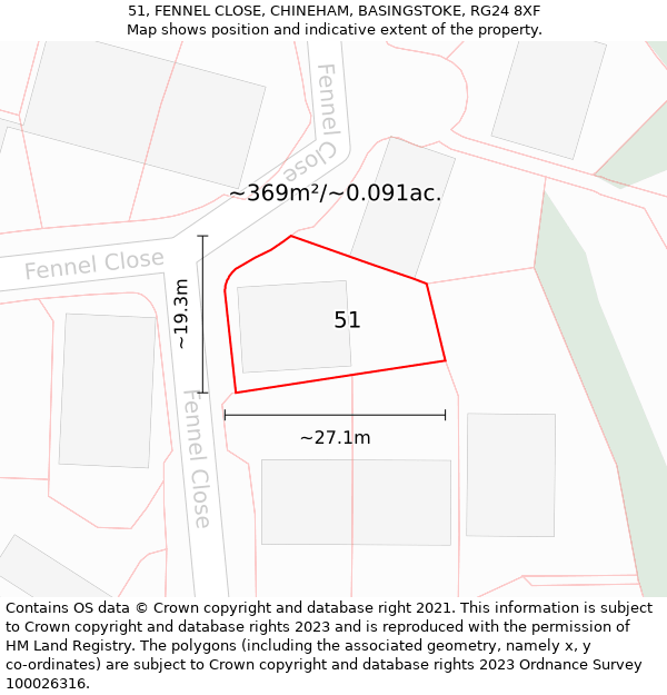 51, FENNEL CLOSE, CHINEHAM, BASINGSTOKE, RG24 8XF: Plot and title map