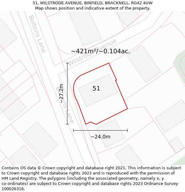 51, WILSTRODE AVENUE, BINFIELD, BRACKNELL, RG42 4UW: Plot and title map