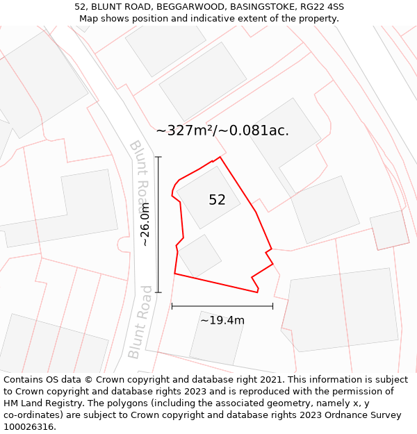 52, BLUNT ROAD, BEGGARWOOD, BASINGSTOKE, RG22 4SS: Plot and title map