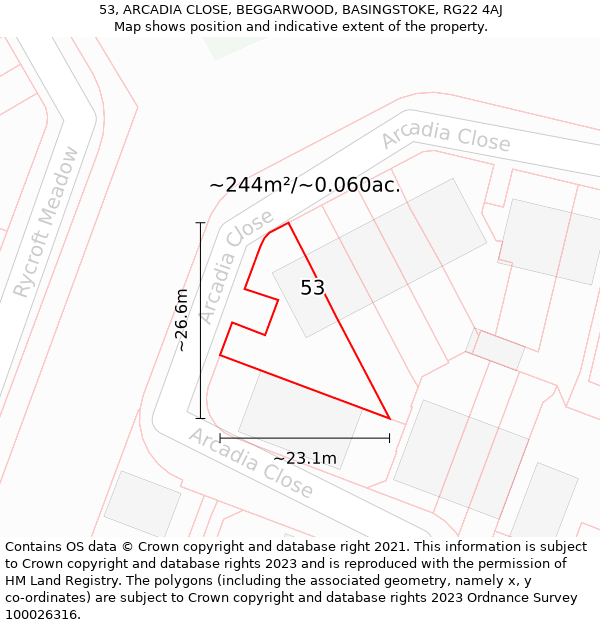 53, ARCADIA CLOSE, BEGGARWOOD, BASINGSTOKE, RG22 4AJ: Plot and title map