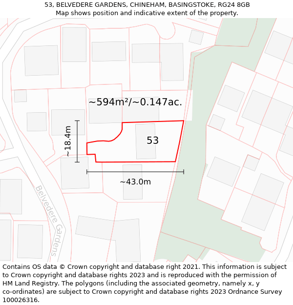 53, BELVEDERE GARDENS, CHINEHAM, BASINGSTOKE, RG24 8GB: Plot and title map