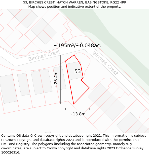 53, BIRCHES CREST, HATCH WARREN, BASINGSTOKE, RG22 4RP: Plot and title map
