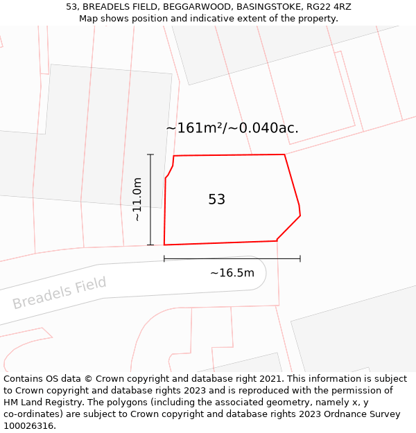 53, BREADELS FIELD, BEGGARWOOD, BASINGSTOKE, RG22 4RZ: Plot and title map