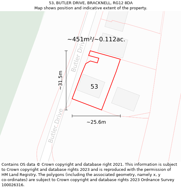 53, BUTLER DRIVE, BRACKNELL, RG12 8DA: Plot and title map