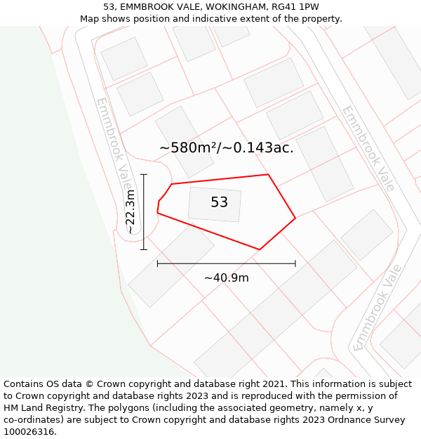 53, EMMBROOK VALE, WOKINGHAM, RG41 1PW: Plot and title map