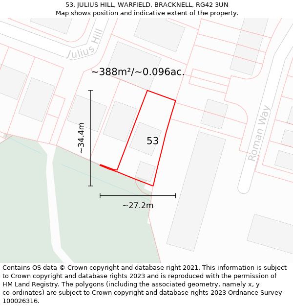 53, JULIUS HILL, WARFIELD, BRACKNELL, RG42 3UN: Plot and title map