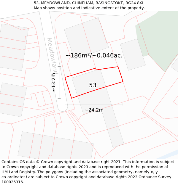 53, MEADOWLAND, CHINEHAM, BASINGSTOKE, RG24 8XL: Plot and title map