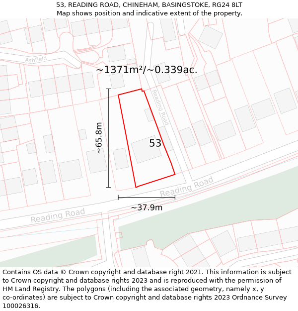 53, READING ROAD, CHINEHAM, BASINGSTOKE, RG24 8LT: Plot and title map
