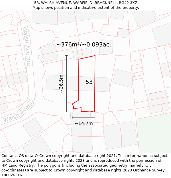 53, WALSH AVENUE, WARFIELD, BRACKNELL, RG42 3XZ: Plot and title map