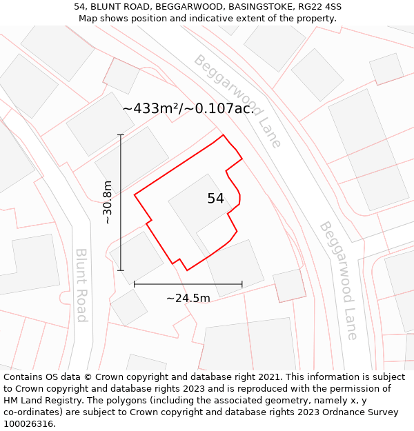 54, BLUNT ROAD, BEGGARWOOD, BASINGSTOKE, RG22 4SS: Plot and title map