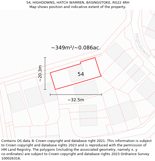 54, HIGHDOWNS, HATCH WARREN, BASINGSTOKE, RG22 4RH: Plot and title map