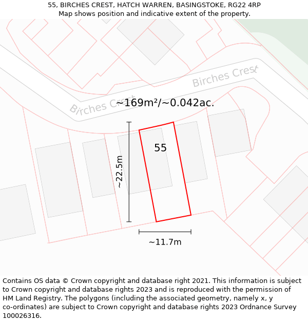 55, BIRCHES CREST, HATCH WARREN, BASINGSTOKE, RG22 4RP: Plot and title map