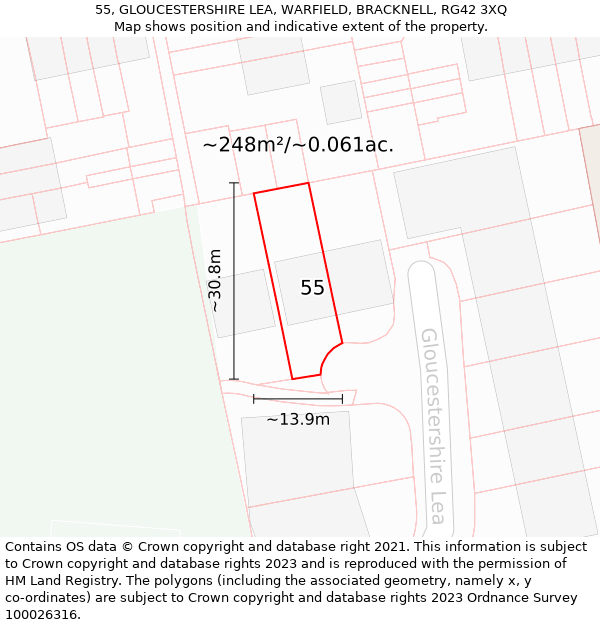 55, GLOUCESTERSHIRE LEA, WARFIELD, BRACKNELL, RG42 3XQ: Plot and title map