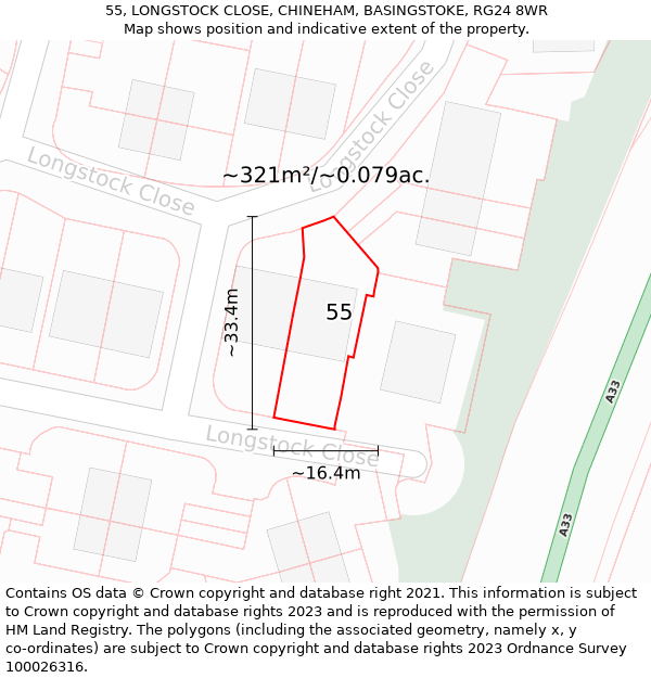 55, LONGSTOCK CLOSE, CHINEHAM, BASINGSTOKE, RG24 8WR: Plot and title map