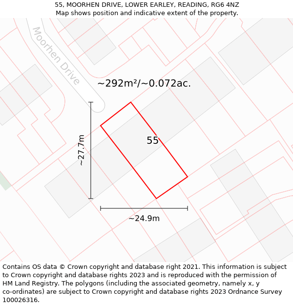 55, MOORHEN DRIVE, LOWER EARLEY, READING, RG6 4NZ: Plot and title map