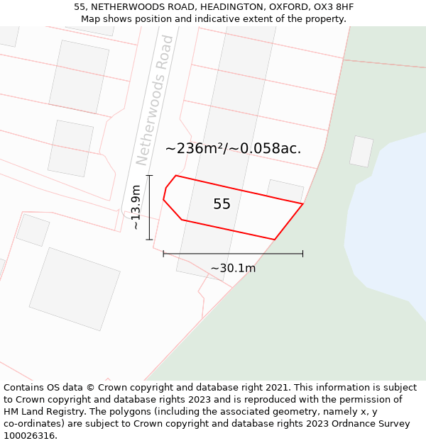 55, NETHERWOODS ROAD, HEADINGTON, OXFORD, OX3 8HF: Plot and title map