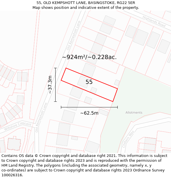 55, OLD KEMPSHOTT LANE, BASINGSTOKE, RG22 5ER: Plot and title map