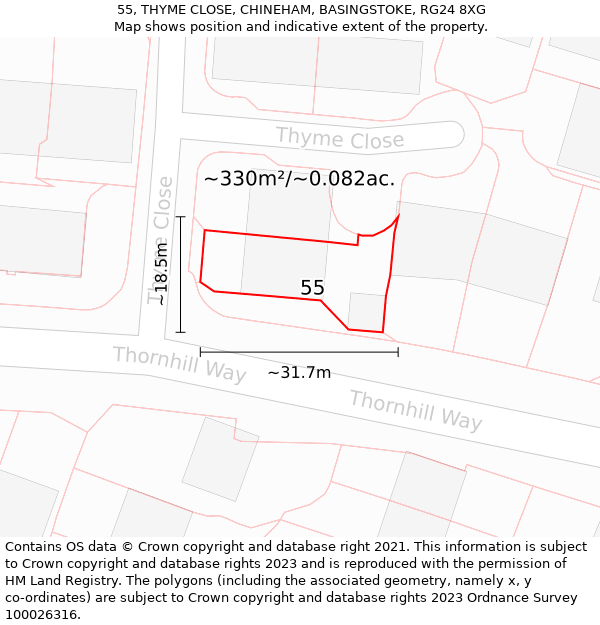 55, THYME CLOSE, CHINEHAM, BASINGSTOKE, RG24 8XG: Plot and title map