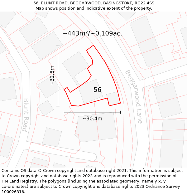 56, BLUNT ROAD, BEGGARWOOD, BASINGSTOKE, RG22 4SS: Plot and title map