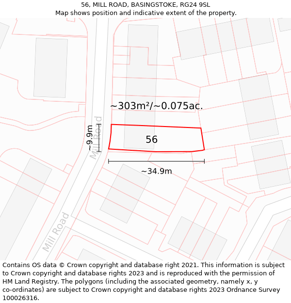 56, MILL ROAD, BASINGSTOKE, RG24 9SL: Plot and title map