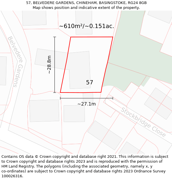 57, BELVEDERE GARDENS, CHINEHAM, BASINGSTOKE, RG24 8GB: Plot and title map