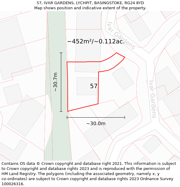 57, IVAR GARDENS, LYCHPIT, BASINGSTOKE, RG24 8YD: Plot and title map