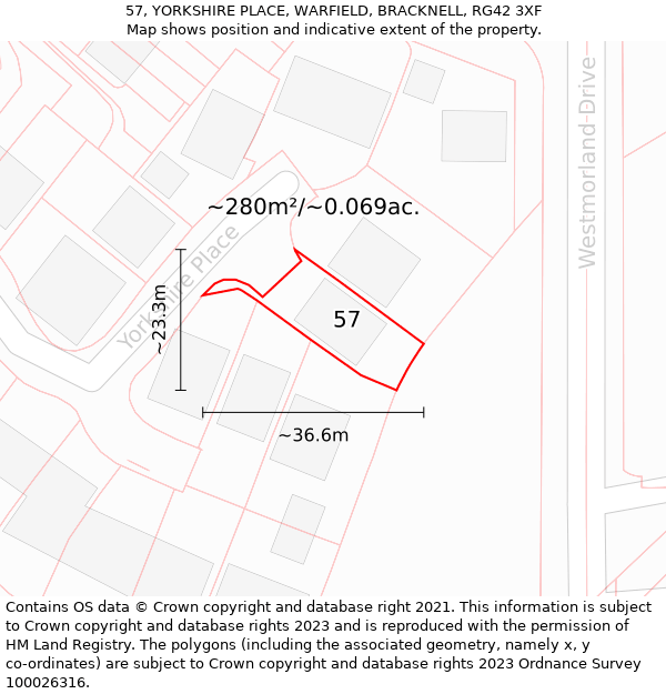 57, YORKSHIRE PLACE, WARFIELD, BRACKNELL, RG42 3XF: Plot and title map