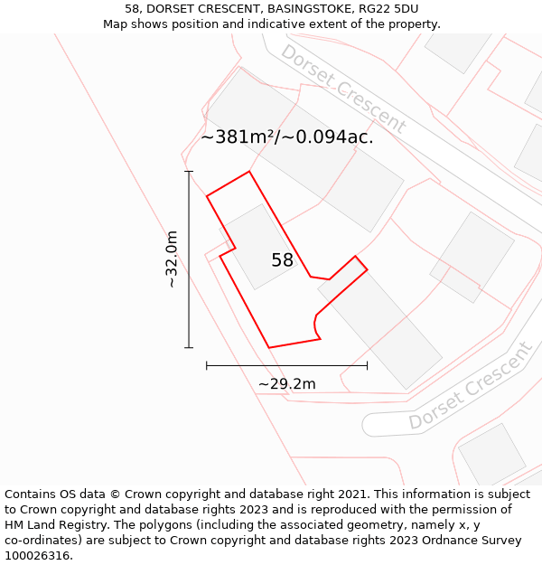 58, DORSET CRESCENT, BASINGSTOKE, RG22 5DU: Plot and title map