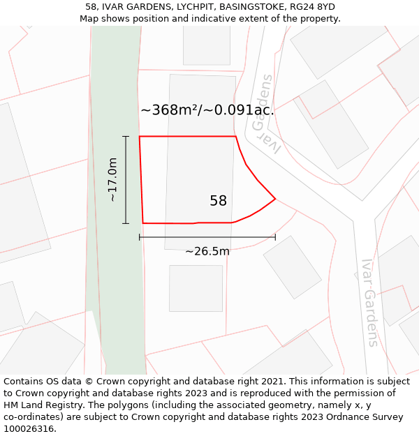 58, IVAR GARDENS, LYCHPIT, BASINGSTOKE, RG24 8YD: Plot and title map