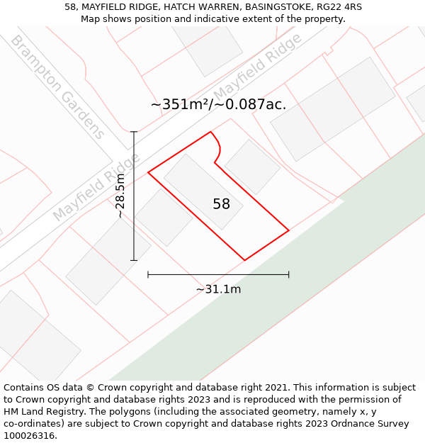 58, MAYFIELD RIDGE, HATCH WARREN, BASINGSTOKE, RG22 4RS: Plot and title map