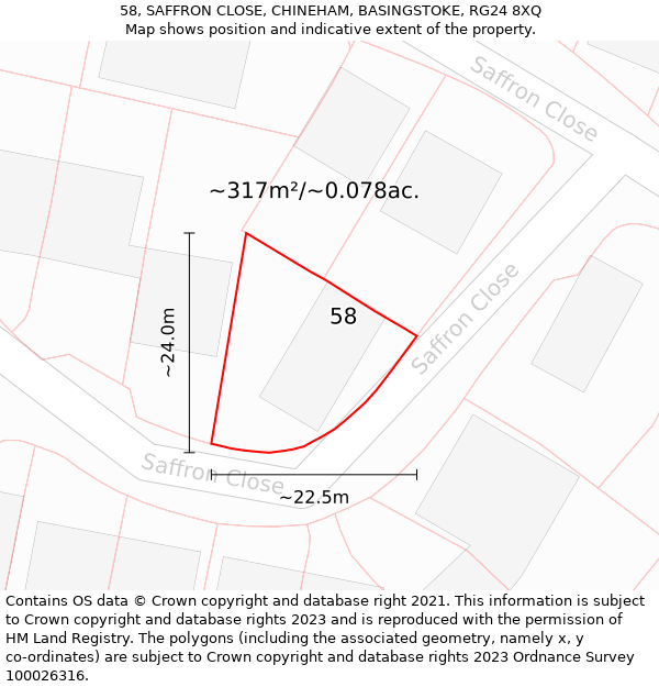 58, SAFFRON CLOSE, CHINEHAM, BASINGSTOKE, RG24 8XQ: Plot and title map