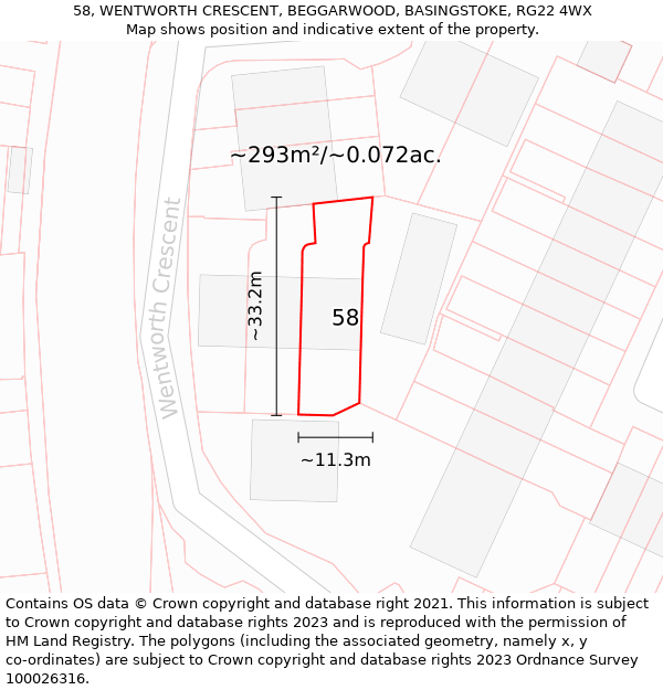 58, WENTWORTH CRESCENT, BEGGARWOOD, BASINGSTOKE, RG22 4WX: Plot and title map